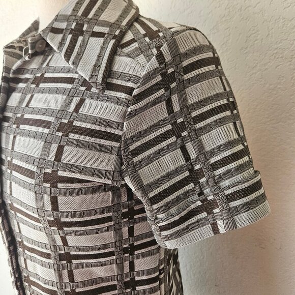 Vintage 70s Brown Gray Plaid Double Knit Polyester Tunic Top Shirt Pockets S/M - Picture 3 of 7